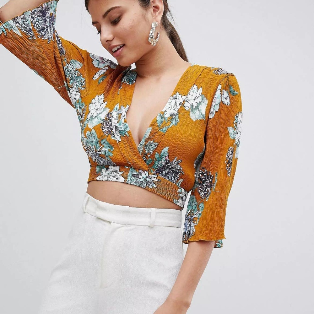 Missguided Floral Plisse Tie Back Crop Top, US 6/UK8